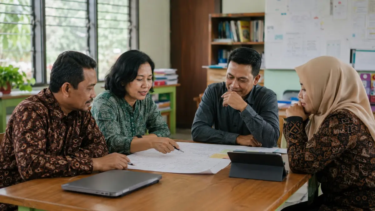 Ilustrasi editorial fiktif empat pendidik menyusun rencana transformasi sekolah bersama, dengan perangkat sebagai alat pendukung.