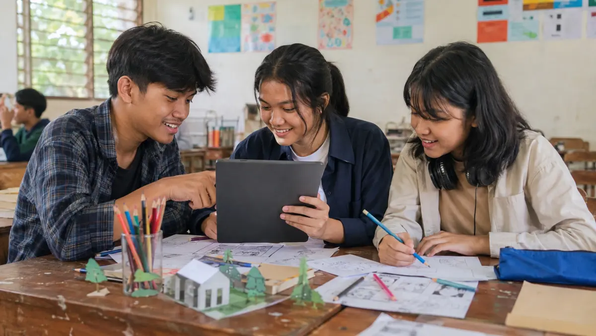 Ilustrasi editorial fiktif tiga pelajar membuat cerita multimedia dengan tablet, sketsa, dan alat gambar.