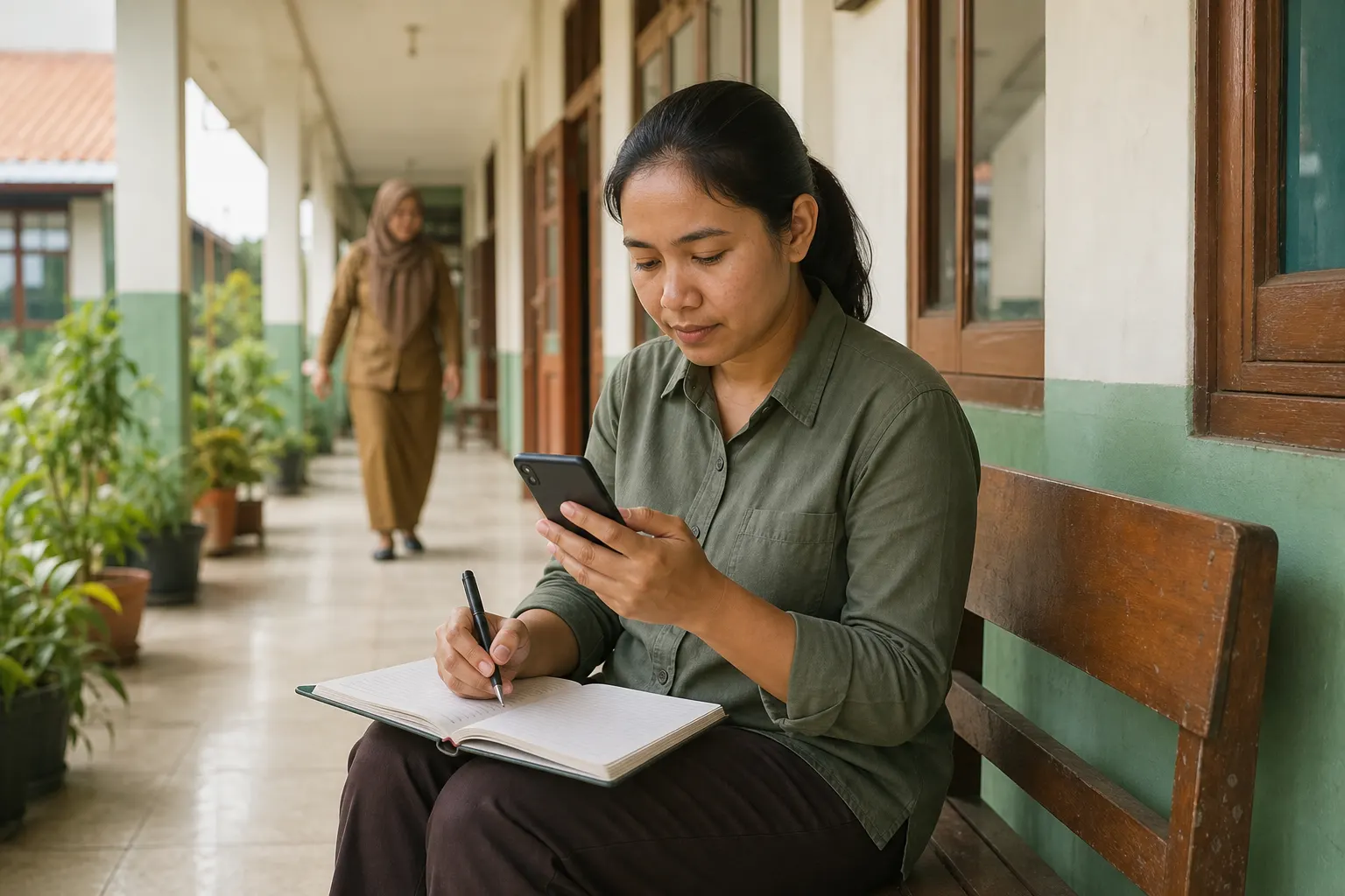 Guru mempelajari materi singkat melalui ponsel lalu mencatat penerapannya