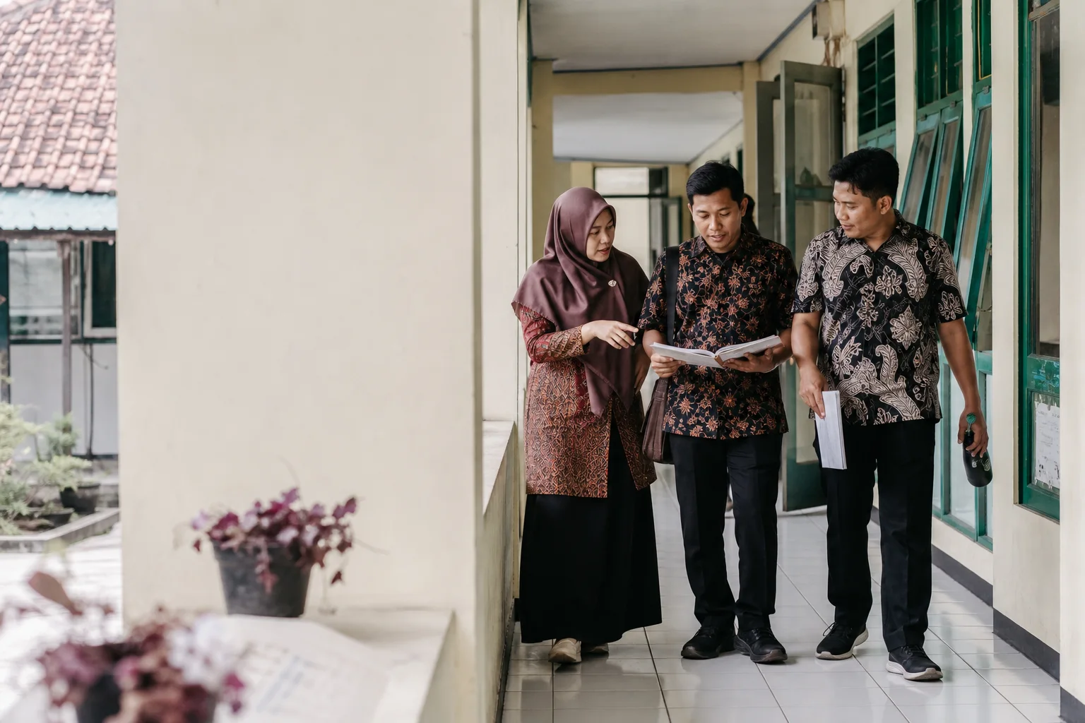 Praktisi pendidikan Websis berdiskusi sambil berjalan di koridor sekolah