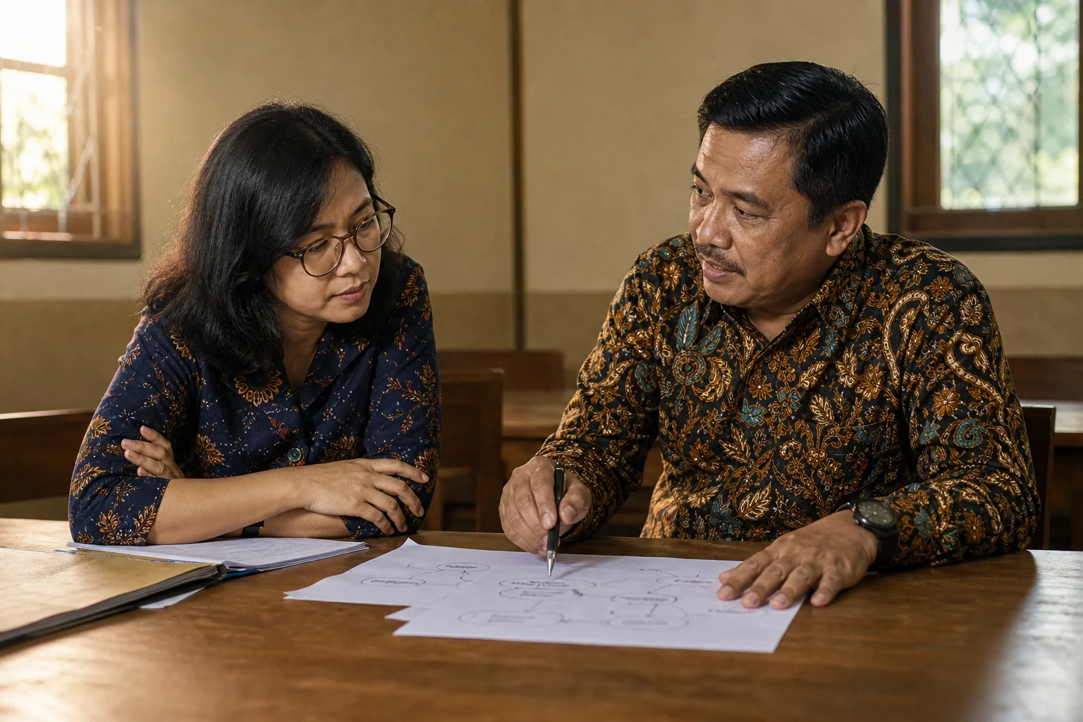 Konsultan pendidikan mendengarkan pemimpin sekolah memaparkan kebutuhannya