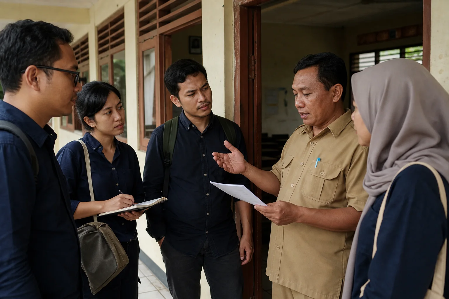 Tim pendidikan mendengarkan administrator sekolah menjelaskan tantangan setempat