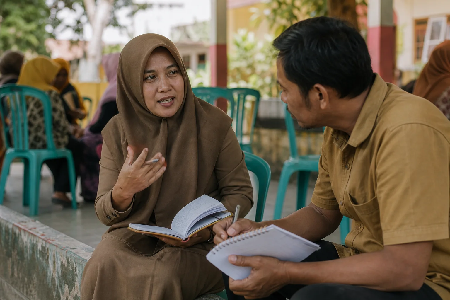Dua guru melanjutkan percakapan setelah pertemuan komunitas