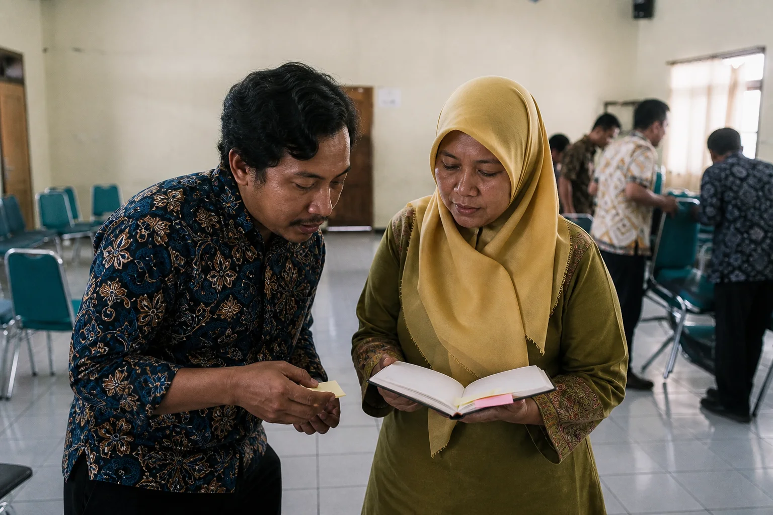 Fasilitator dan penyelenggara meninjau catatan setelah lokakarya