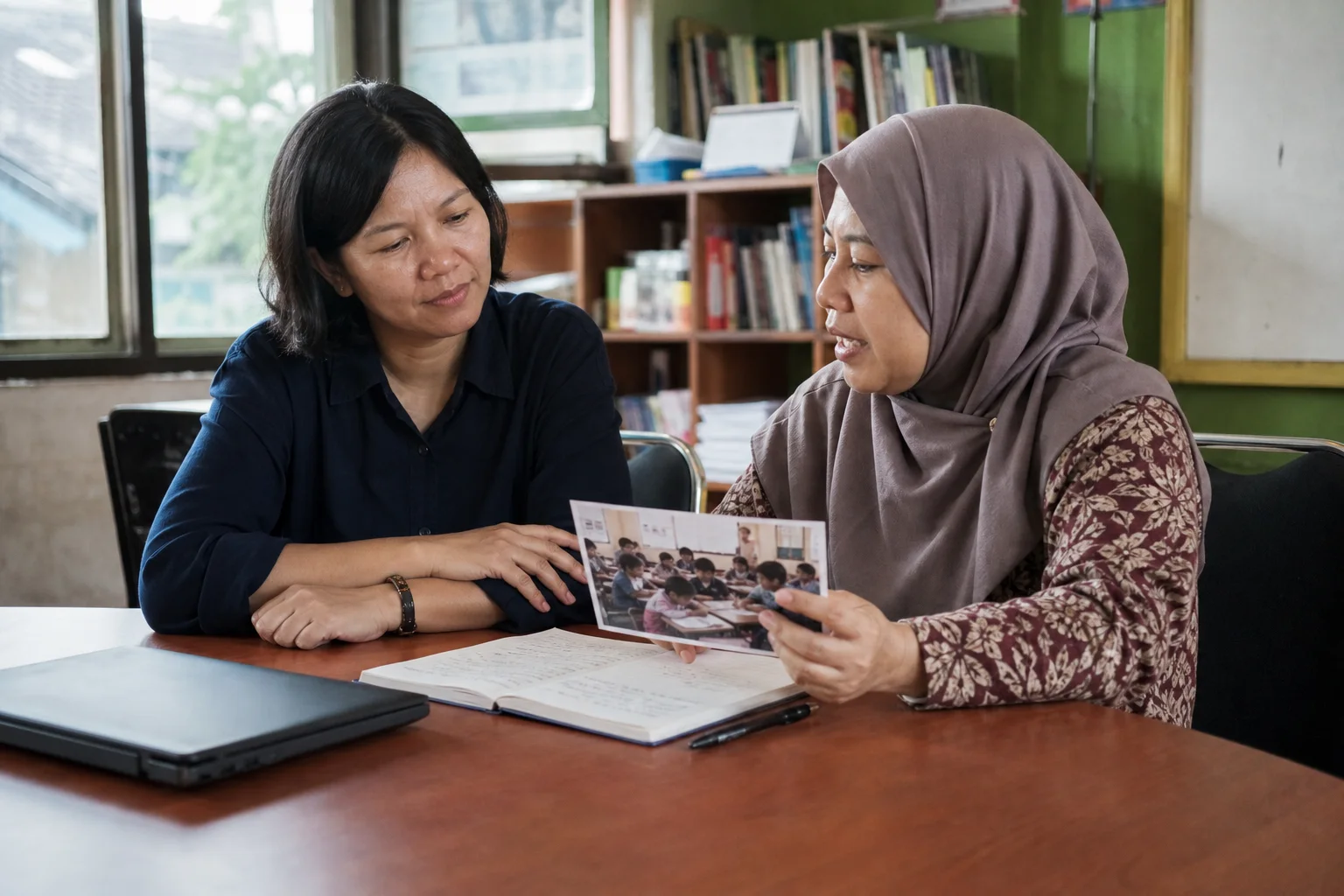 Editor mendengarkan guru membagikan cerita pembelajaran