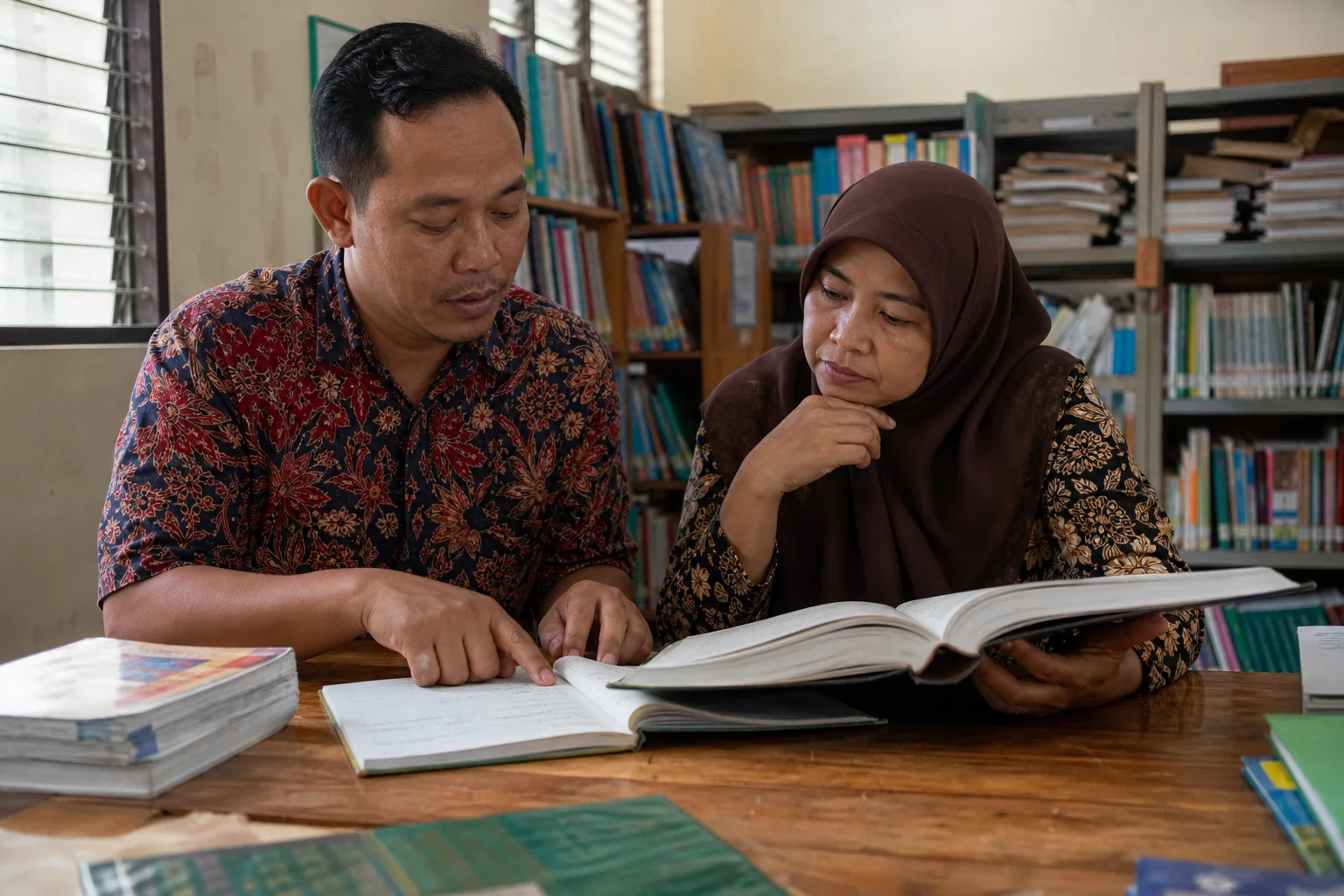 Dua pendidik membandingkan catatan dan referensi di perpustakaan sekolah
