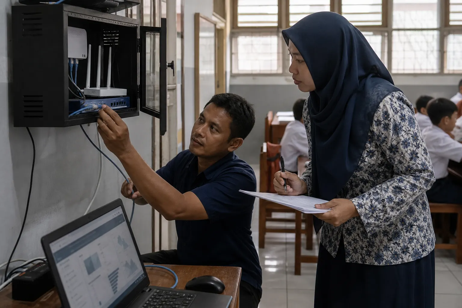Teknisi dan guru memeriksa koneksi jaringan di ruang kelas