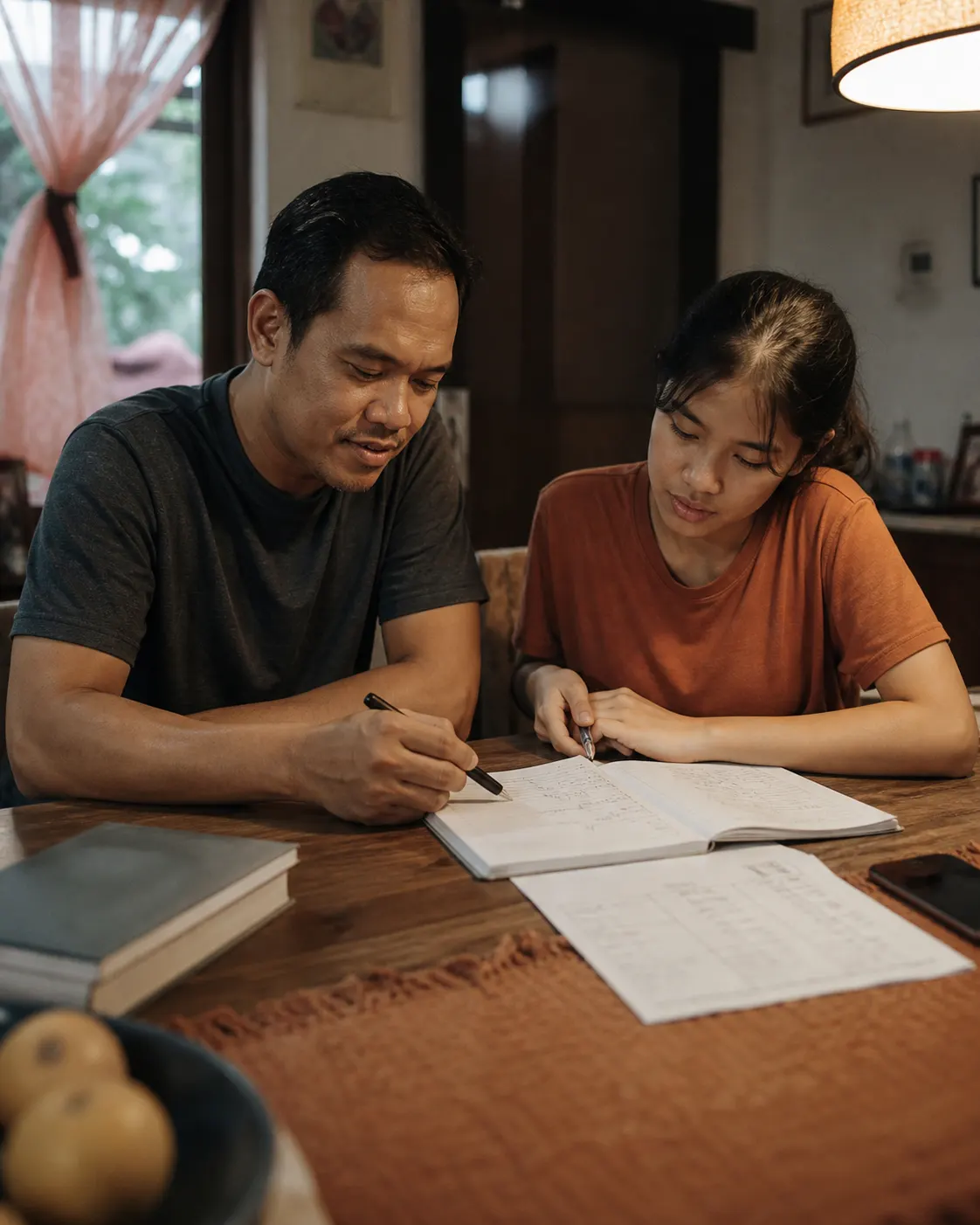 Orang tua dan remaja menyusun rencana belajar bersama di rumah
