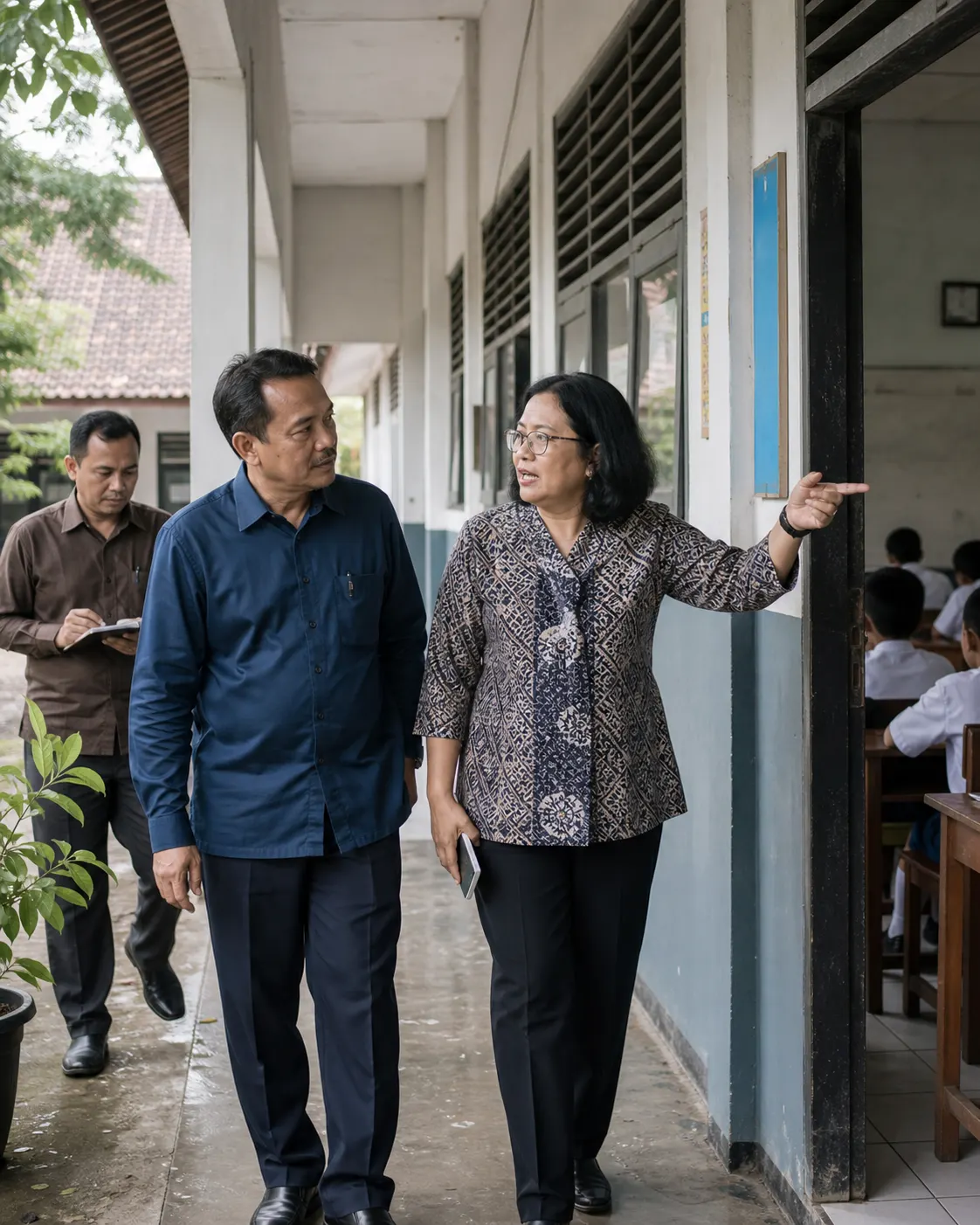 Pemimpin sekolah menjelaskan praktik kelas kepada pengelola pendidikan daerah
