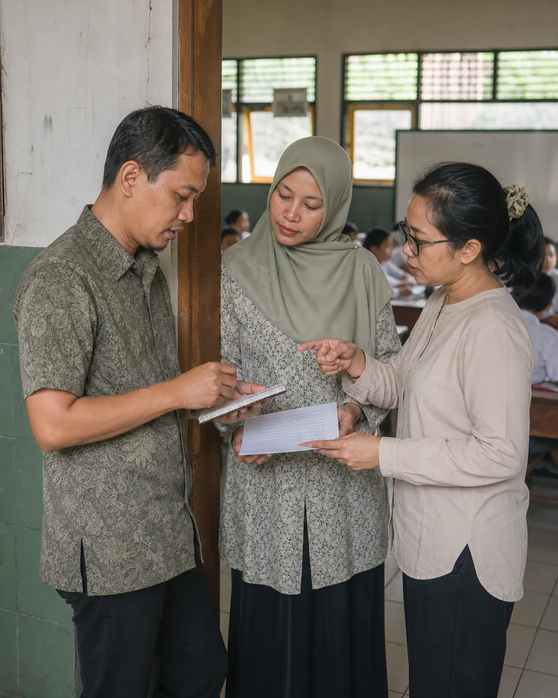 Tiga pendidik membahas hasil observasi pembelajaran di depan kelas