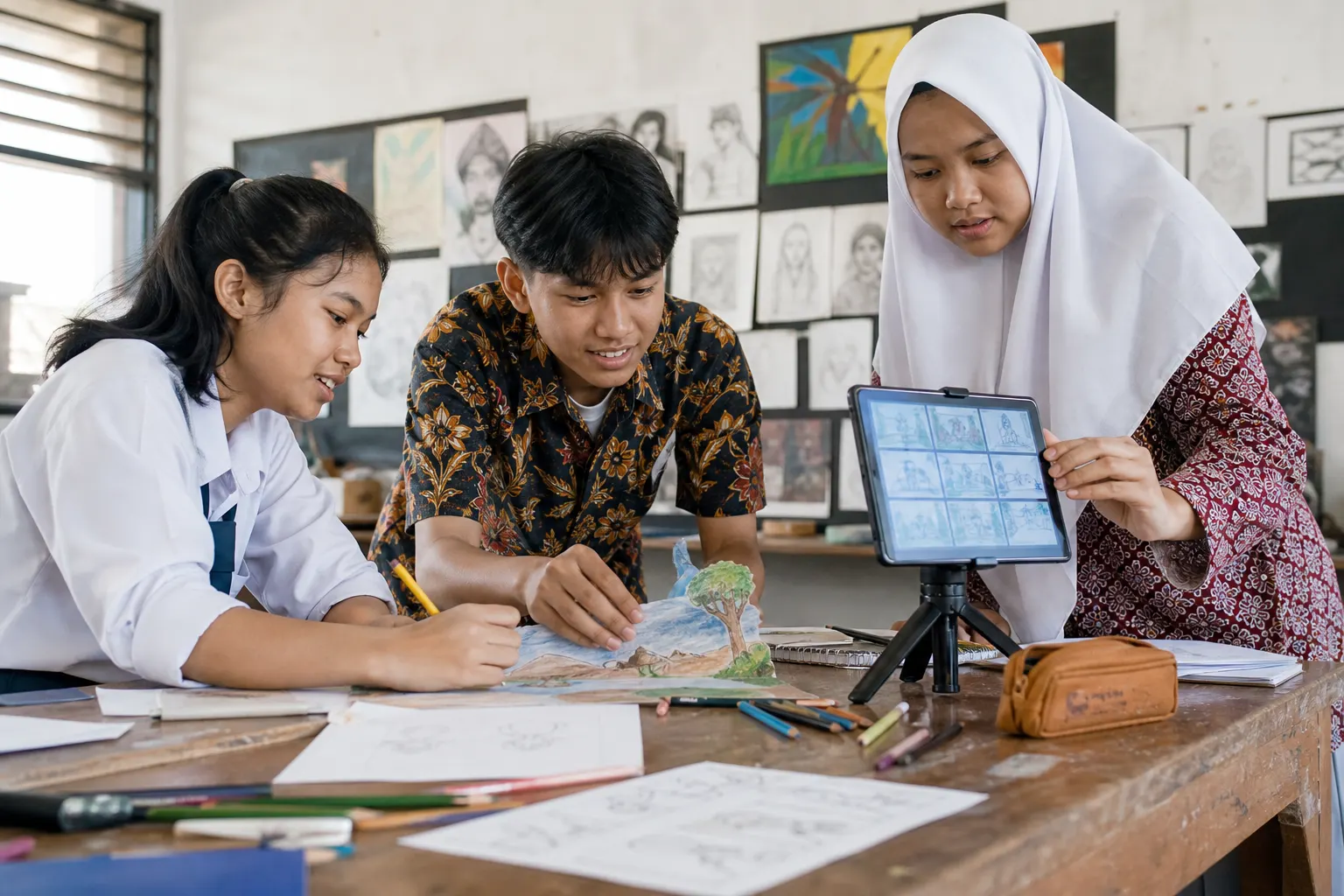 Siswa menyusun cerita digital dari sketsa dan karya fisik bersama