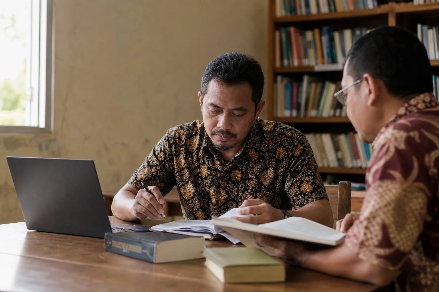 Pendidik menelaah catatan dan referensi di perpustakaan sekolah